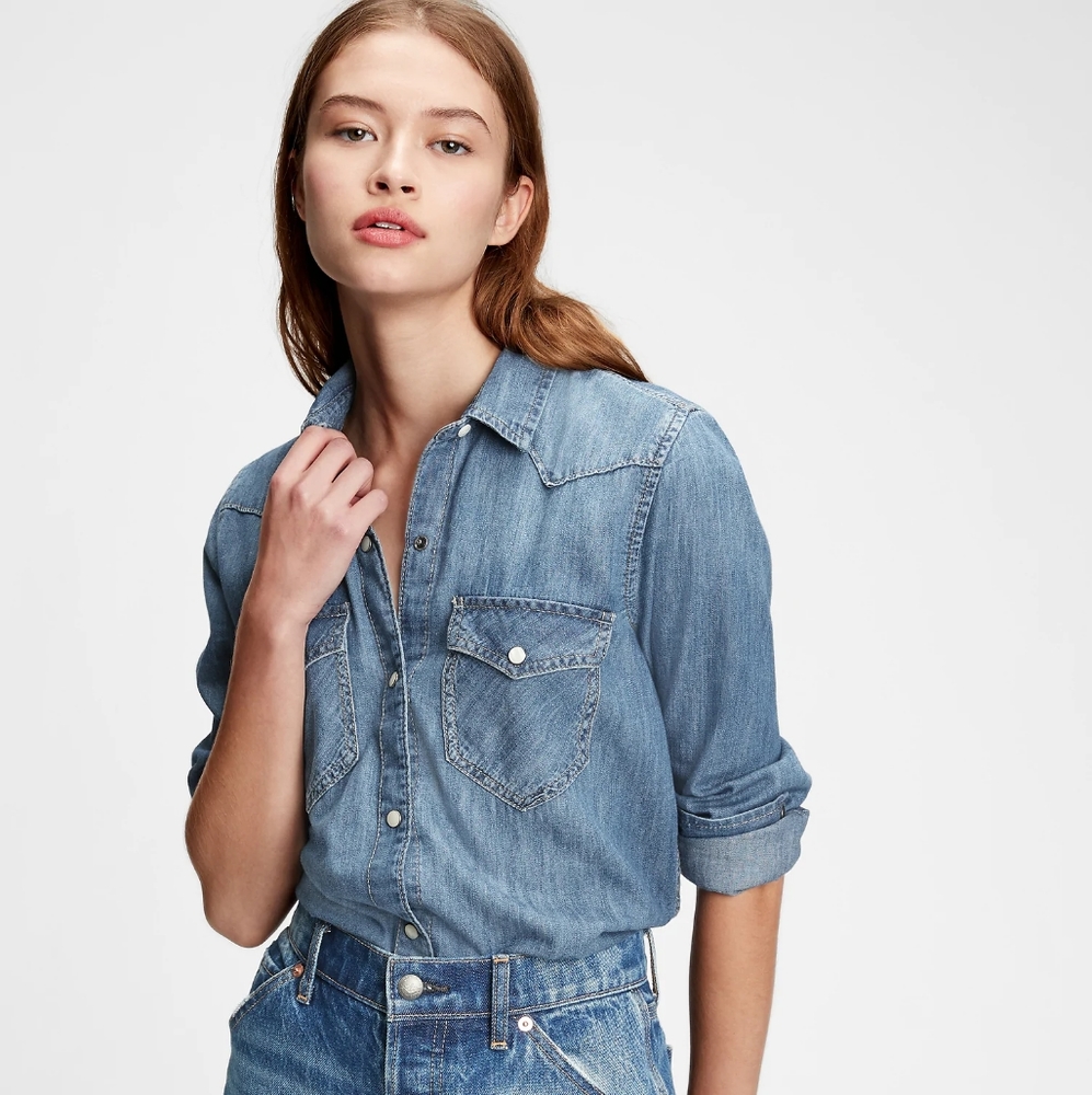 Women Blue 1969 Denim Long Sleeve Western Shirt
